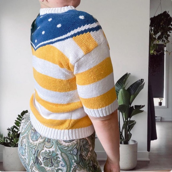 Vintage 80's Sailor Bow Knit Pull Over Sweater Yellow Size Small - Picture 2 of 14